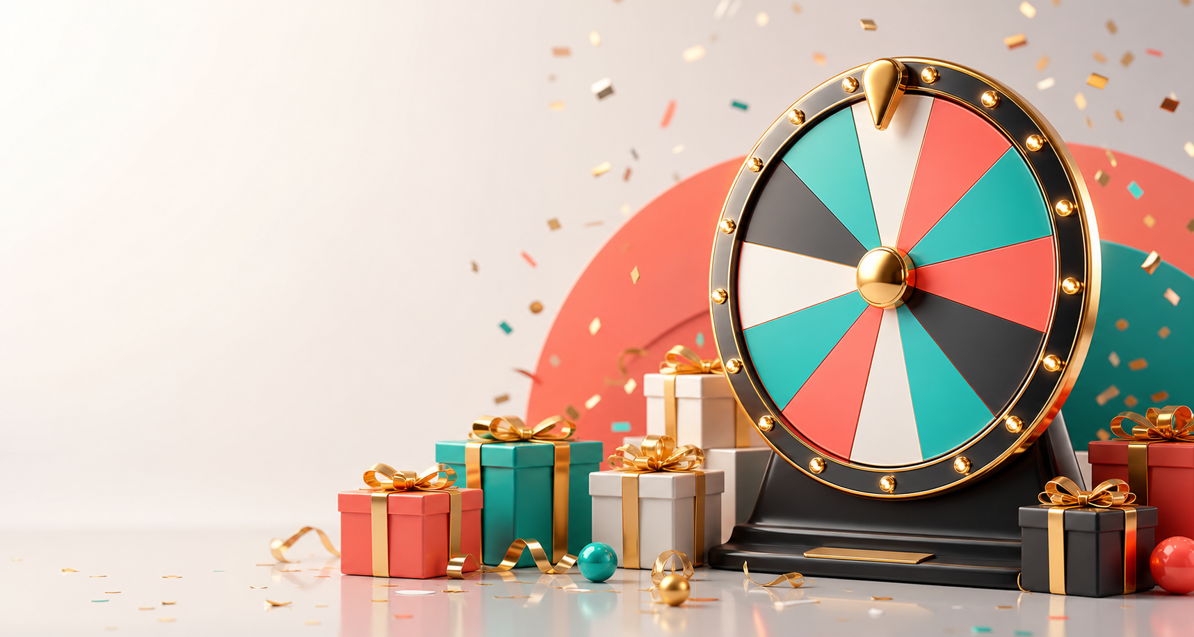 Prize wheel and wrapped gifts